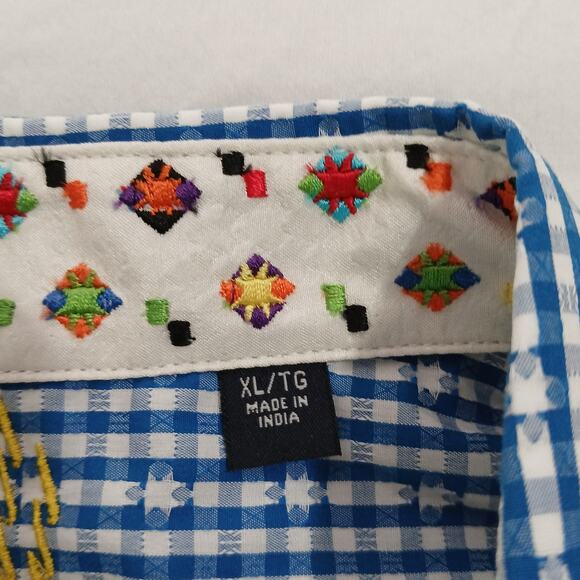 Robert Graham XL Flip Cuff Scrabble Tiles UNIQUE Blue/White Gingham Star Cotton - Picture 7 of 15